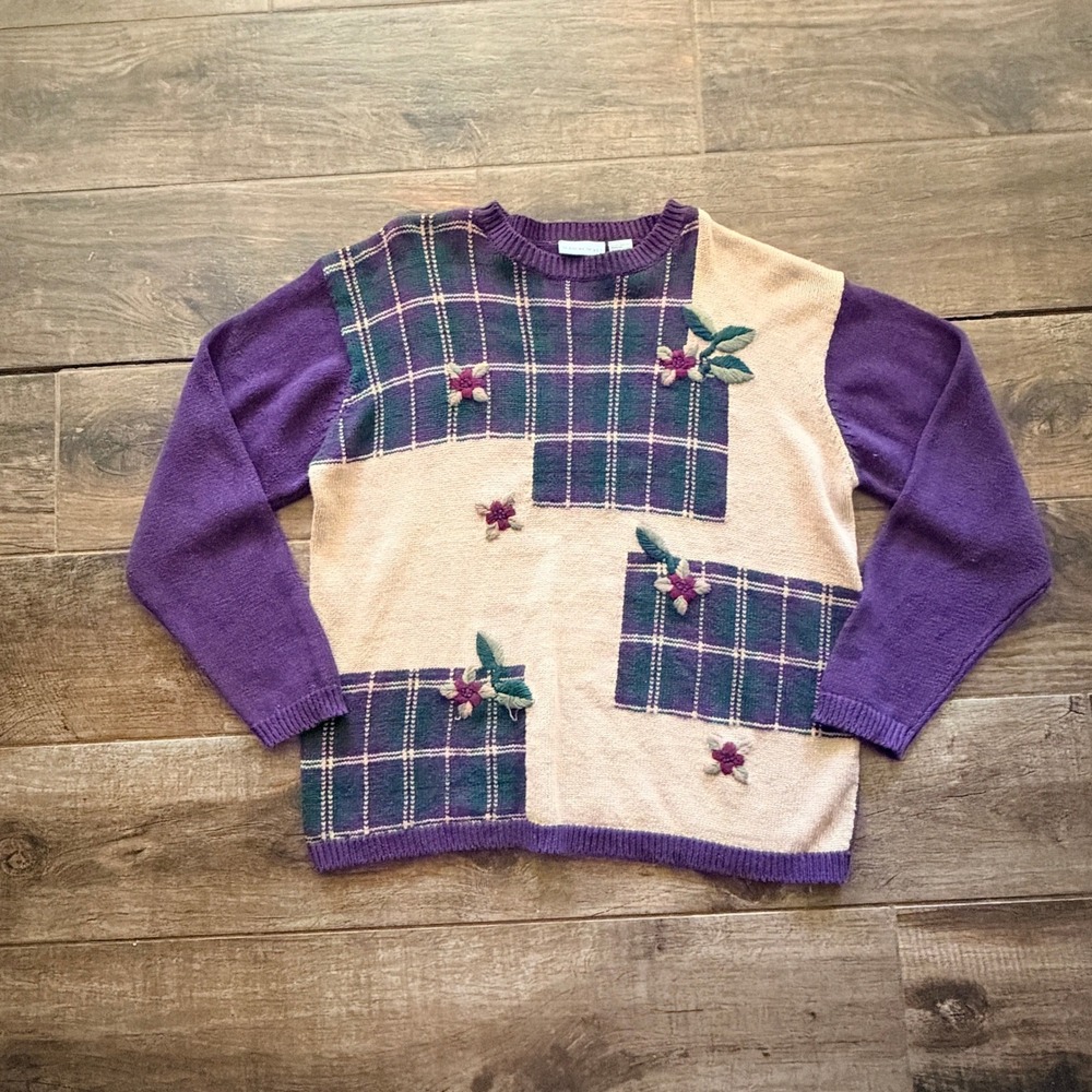 Season Ticket Vintage Plaid Floral Block Embroidered Knit Sweater,Purple, XL